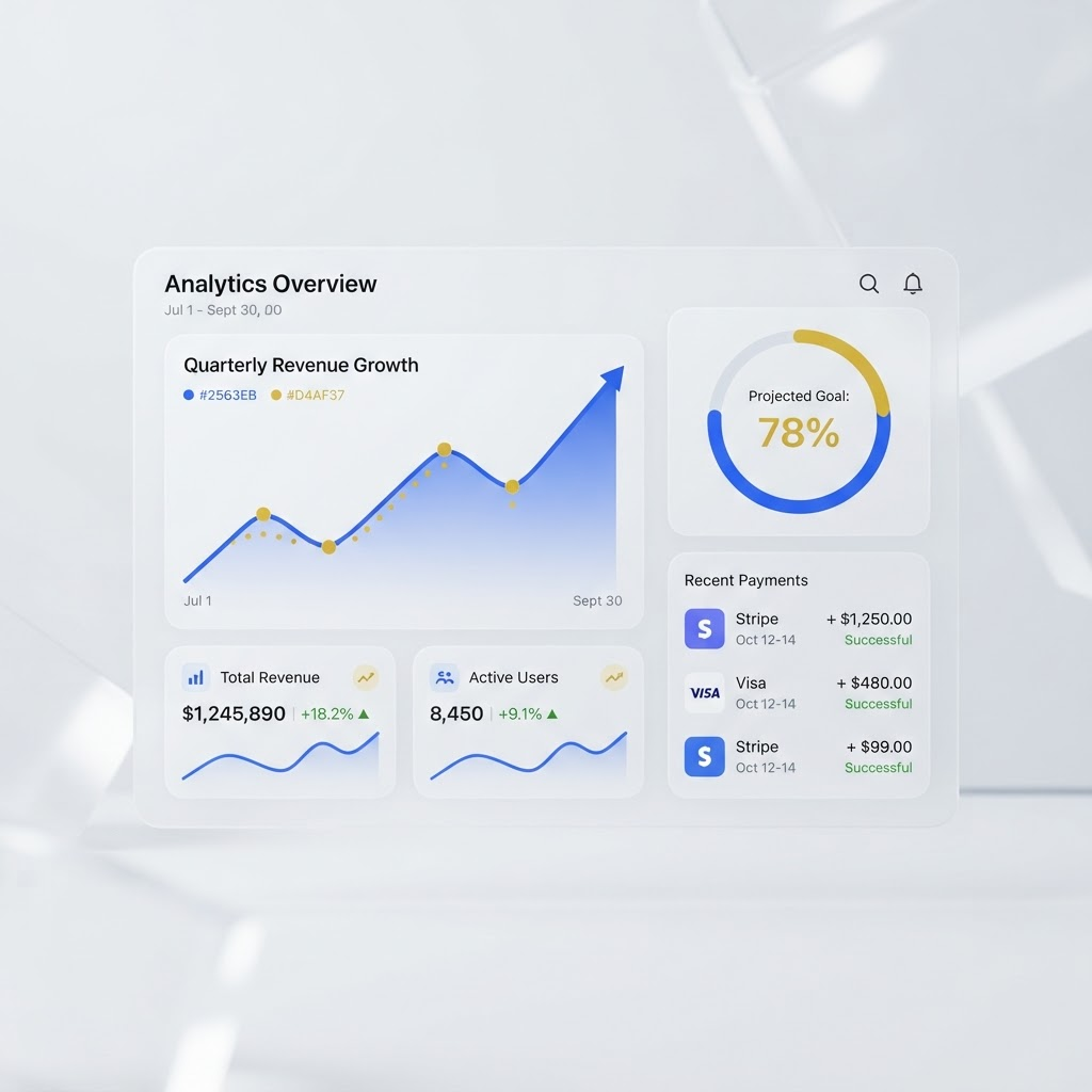 TGA premium business dashboard preview showing revenue growth and payment widgets